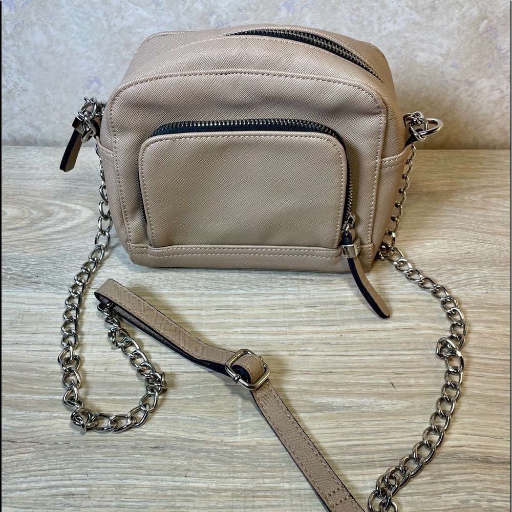 Small Taupe Beige Vegan Leather Crossbody Bag with Adjustable 1/2 Chain Strap